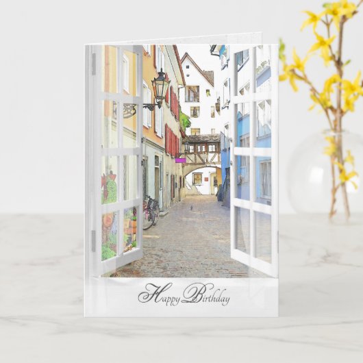 オーストリアの古い町の誕生日の窓を開く カード (黄色い花)