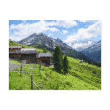 オーストリアアルプスの油絵イラストレーション。納屋。