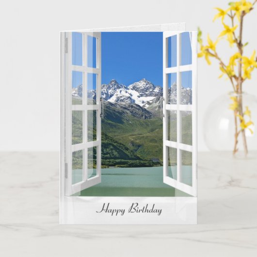 オーストリアアルプスインウィンドウ誕生日 カード (黄色い花)