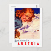 オーストリア、スキーで幸せな女性、ヴィンテージ旅行 ポストカード (正面/裏面)