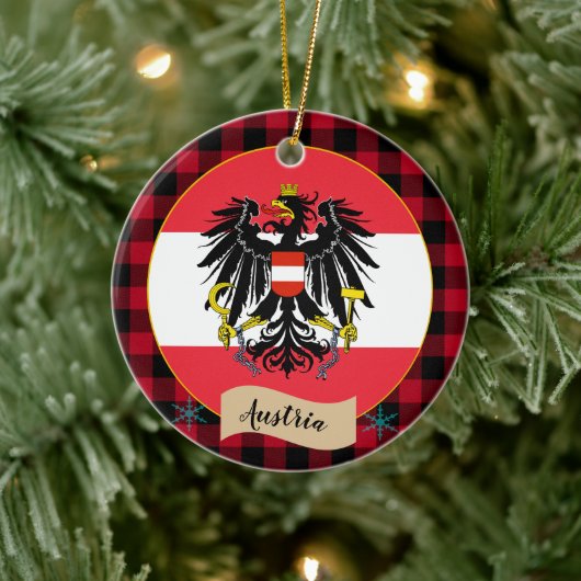 オーストリア、レッドバッファロープレイド&オーストリア国旗 セラミックオーナメント (ツリー)