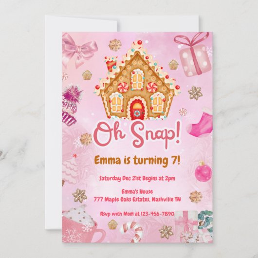 オースナップピンクジンジャーブレッドハウス誕生日招待状 招待状 (正面)