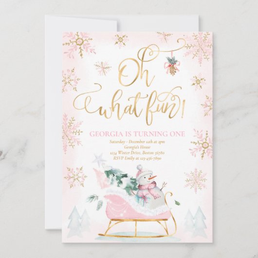 オーズおもしろいピンク&金ゴールドウィンタースリー誕生日 招待状 (正面)