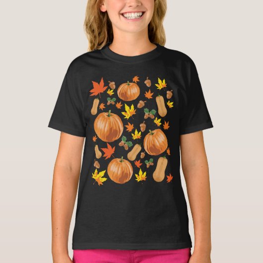 オータムオレンジカボチャ秋パターン Tシャツ (正面)