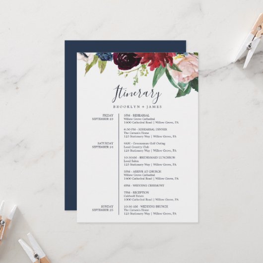 オータムガーデン バーガンディー 結婚式のスケジュールカード (正面/裏面インサイチュ)