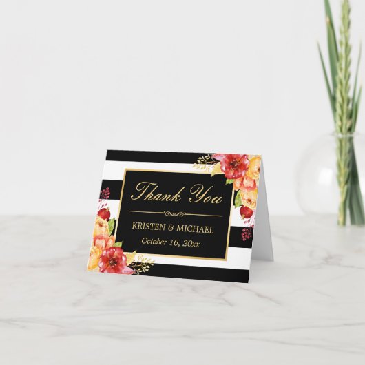 オータムゴールド黄色赤花柄ストライプありがとうございます サンキューカード (正面)