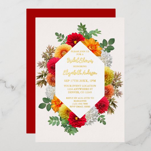 オータムダリアフローラ秋ブライダルシャワー 箔招待状 (正面/裏面)