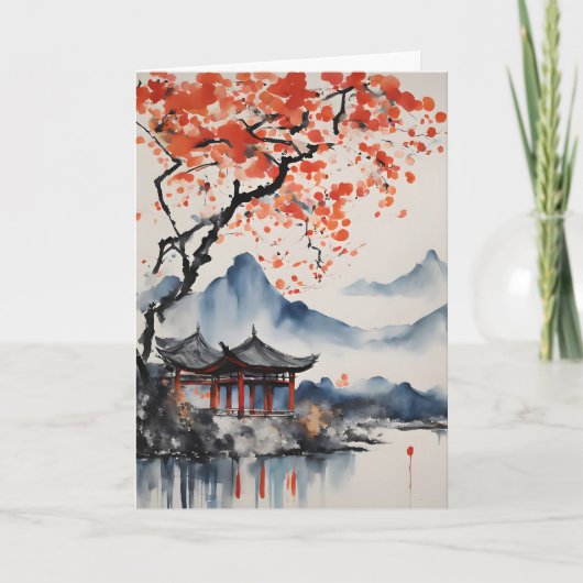 オータムツリーアンドテンプル誕生日 カード (正面)