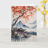 オータムツリーアンドテンプル誕生日 カード (黄色い花)