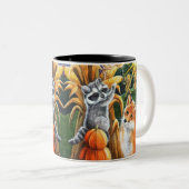 オータムハーベストコーンレッドキツネラクーンウォーターカラーアート ツートーンマグカップ (正面右)