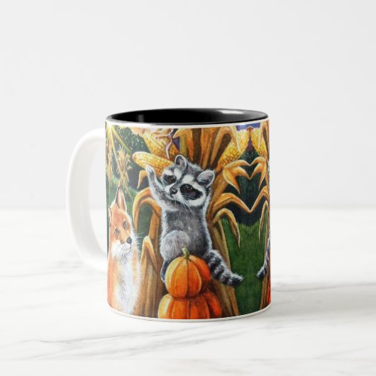 オータムハーベストコーンレッドキツネラクーンウォーターカラーアート ツートーンマグカップ (正面左)