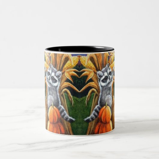 オータムハーベストコーンレッドキツネラクーンウォーターカラーアート ツートーンマグカップ (中央)
