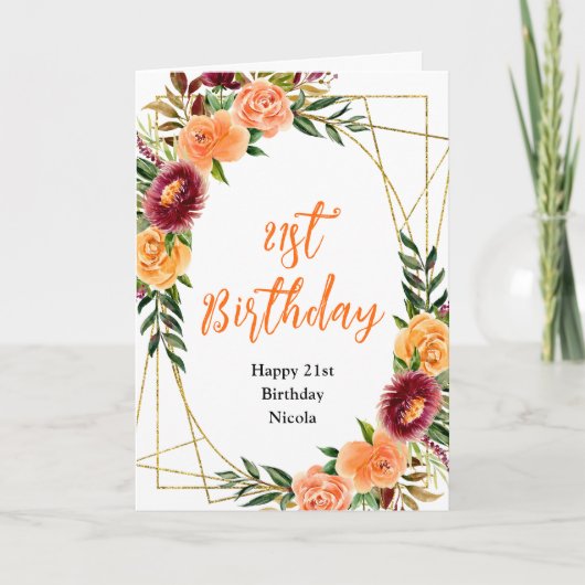 オータムバラとオレンジの花の誕生日 カード (正面)