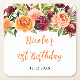 オータムバラとオレンジの花の誕生日 スクエアペーパーコースター