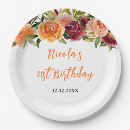オータムバラとオレンジの花の誕生日 ペーパープレート