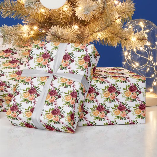 オータムバラとオレンジの花柄 ラッピングペーパー (クリスマス)