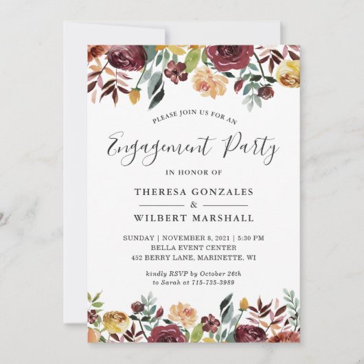 オータムバーガンディレッドオレンジフローラ婚約パーティ 招待状 (正面)