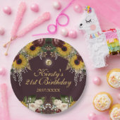 オータムバーガンディ秋フラワーズフリージ誕生日 ペーパープレート (パーティー)