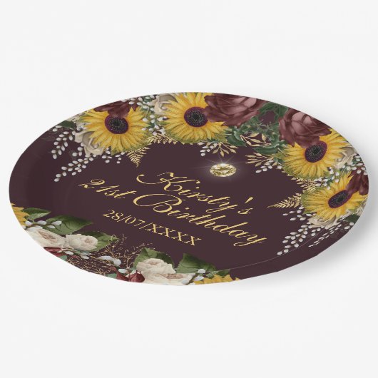 オータムバーガンディ秋フラワーズフリージ誕生日 ペーパープレート (アングル)
