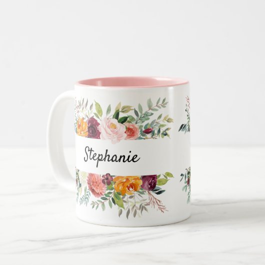 オータムバーガンディ赤面フローラブロッサムブライダルシャワー ツートーンマグカップ (正面左)