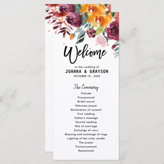 オータムバーガンディ赤面フローラブロッサムブライダルシャワー メニュー (正面/裏面)