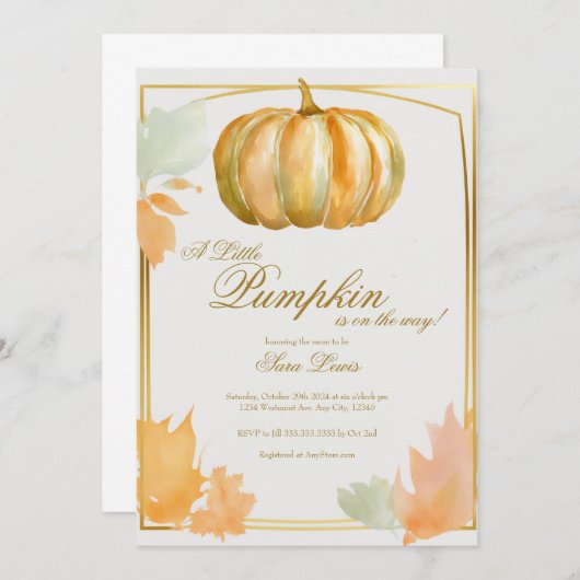 オータムパンプキンベイビーシャワーの招待状(ゴールド) 招待状 (正面/裏面)