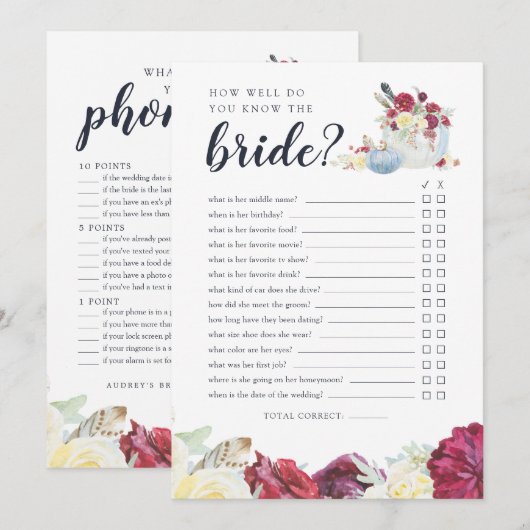 オータムパンプキン両面ウェディングシャワーゲームカード 招待状 (正面/裏面)