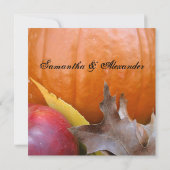 オータムパンプキン、リンゴ、カラフルな葉 招待状 (裏面)