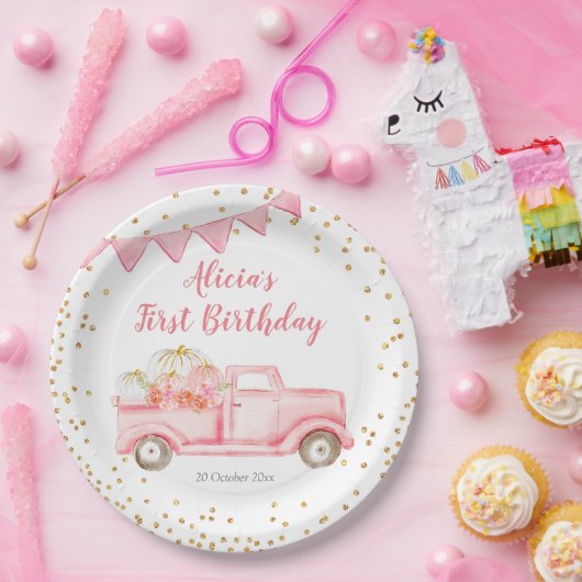 オータムピンクパンプキントラック紙パーティープレート ペーパープレート (パーティー)