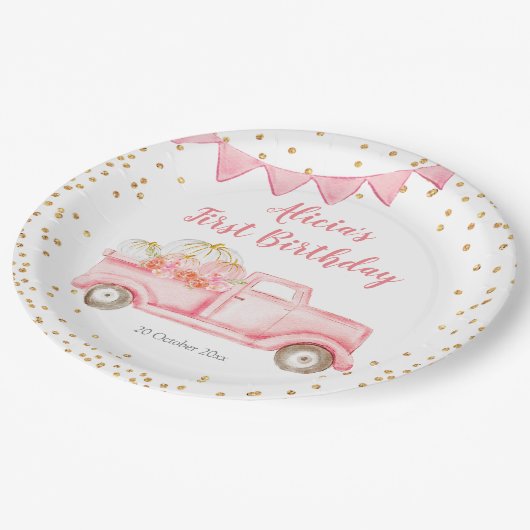 オータムピンクパンプキントラック紙パーティープレート ペーパープレート (アングル)