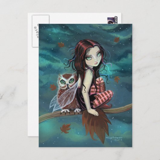 オータムフクロウファンタジー妖精とフクロウ葉書 ポストカード (正面/裏面)