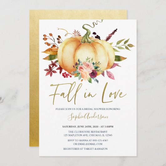 オータムフローラパンプキン秋インラブブライダルシャワー 招待状 (正面/裏面)