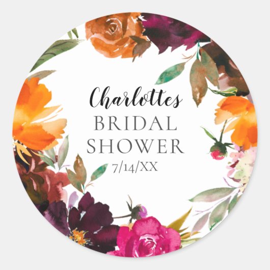 オータムブルゴーニュ&オレンジフローラブライダルシャワー ラウンドシール (正面)