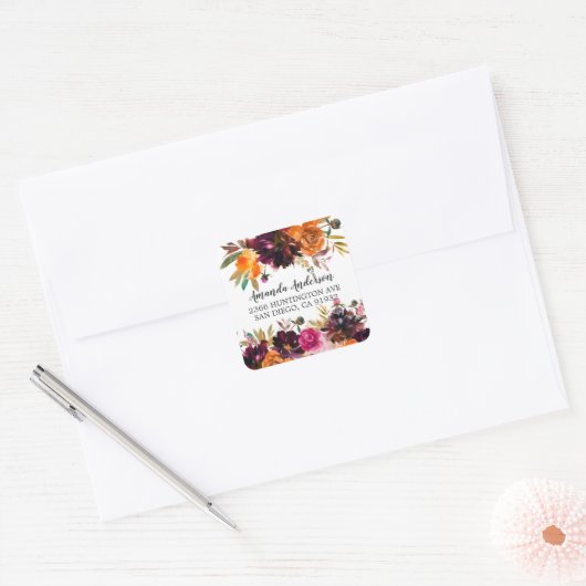 オータムブルゴーニュ&オレンジフローラ差出人住所 スクエアシール (封筒)