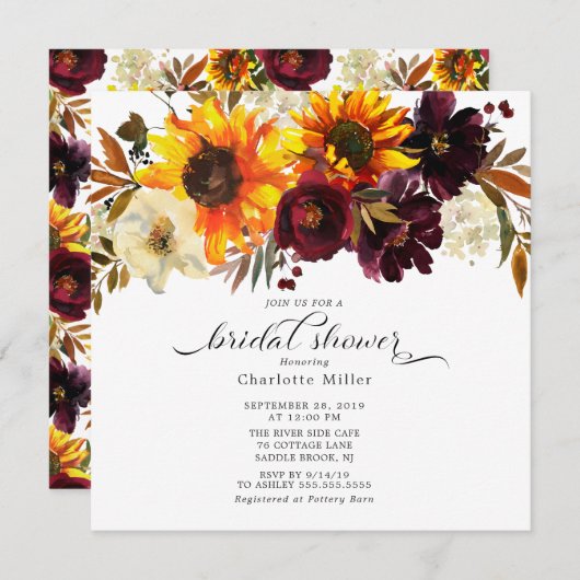 オータムブーケサンフラワーズフローラブライダルシャワー 招待状 (正面/裏面)