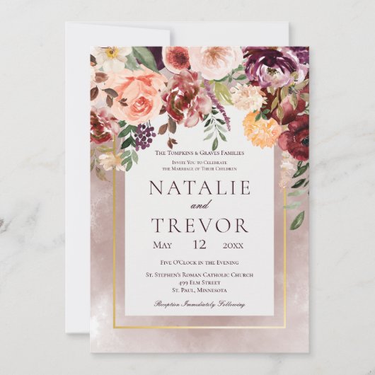 オータムプラムフローラブーケ結婚式招待状 招待状 (正面)