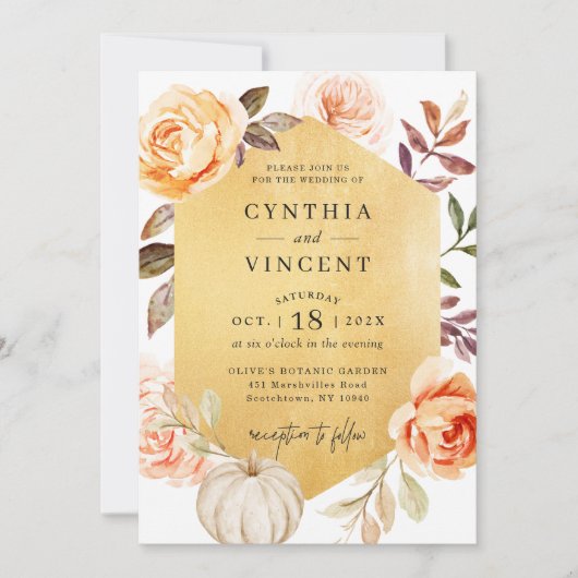 オータムラグジュアリー金ゴールドフローラ秋の結婚式 招待状 (正面)