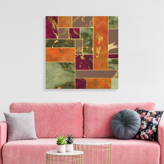 オータムラグジュアリー |幾何学的金ゴールド宝石トーン大理石 キャンバスプリント (インサイチュ (リビング))