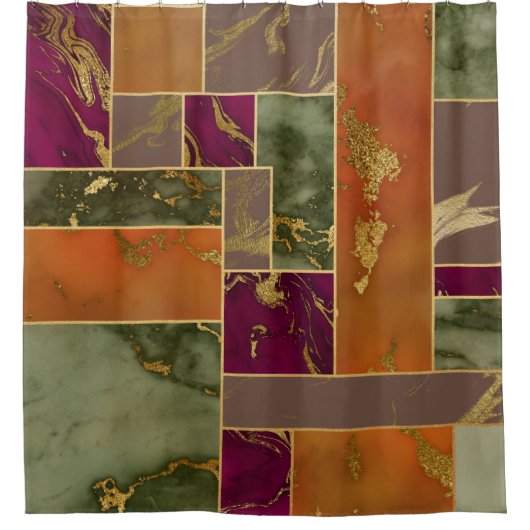 オータムラグジュアリー |幾何学的金ゴールド宝石トーン大理石 シャワーカーテン (正面)