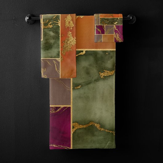 オータムラグジュアリー |幾何学的金ゴールド宝石トーン大理石 バスタオルセット