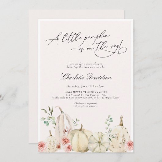 オータムリトルパンプキン赤面ピンクガールベビーシャワー 招待状 (正面/裏面)