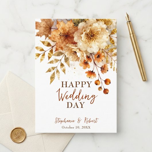オータムリーフの花とゴールドのラメ 結婚おめでとう カード