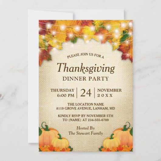 オータムリーフ ライト バルコニー 感謝祭のディナー 招待状 (正面)