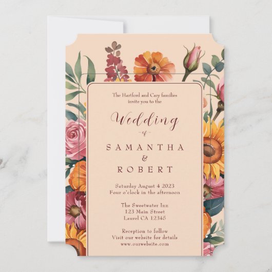 オータムレッド ゴールド フラワーボーダー 秋のウェディング 招待状 (正面)