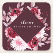 オータムロマンスゴールドフレームフラワーブライダルシャワー スクエアペーパーコースター (正面)