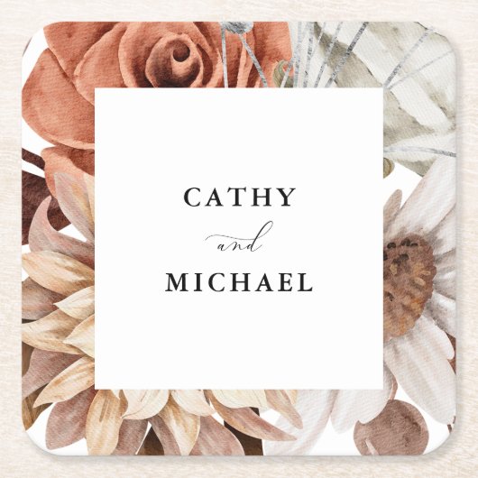 オータム素朴フローラ、フレーム秋の結婚式 スクエアペーパーコースター (正面)