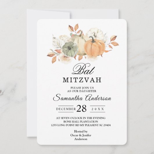 オータム ウォーターカラー パンプキン & フラワーズ 招待状 (正面)