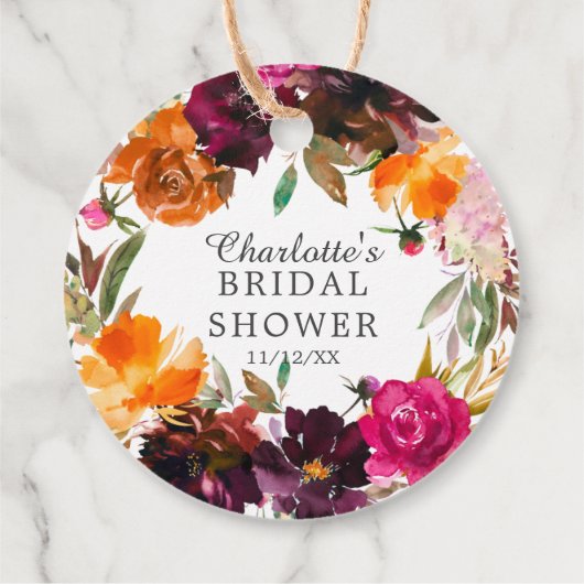 オータム バーガンディー & オレンジ フラワーブライダルシャワー フェイバータグ (裏面)