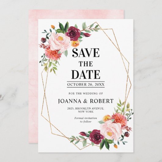 オータム バーガンディー ブラッシュ フラワージオメトリック ウェディング セーブザデート (正面/裏面)