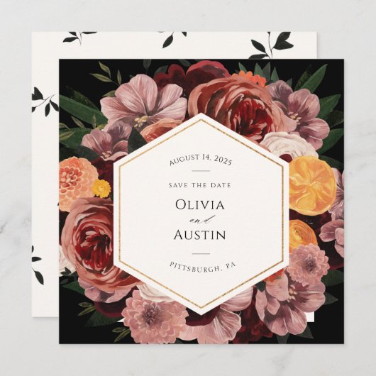 オータム バーガンディ フラワル セーブ・ザ・デート 招待状 (正面/裏面)